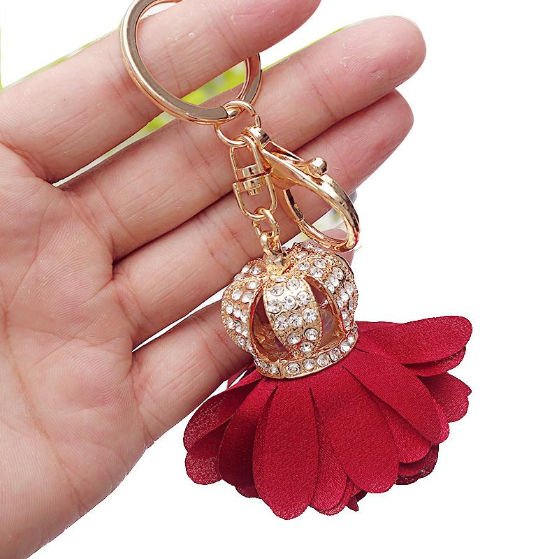 Luxury Red Fabric Flower With Crown Keychain