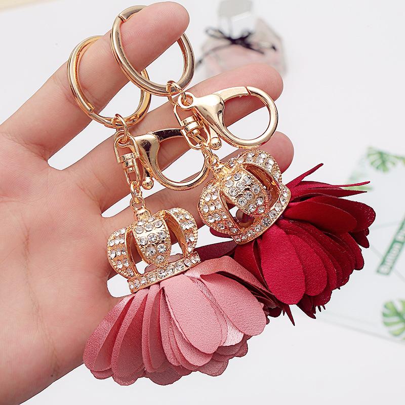 Luxury Red Fabric Flower With Crown Keychain