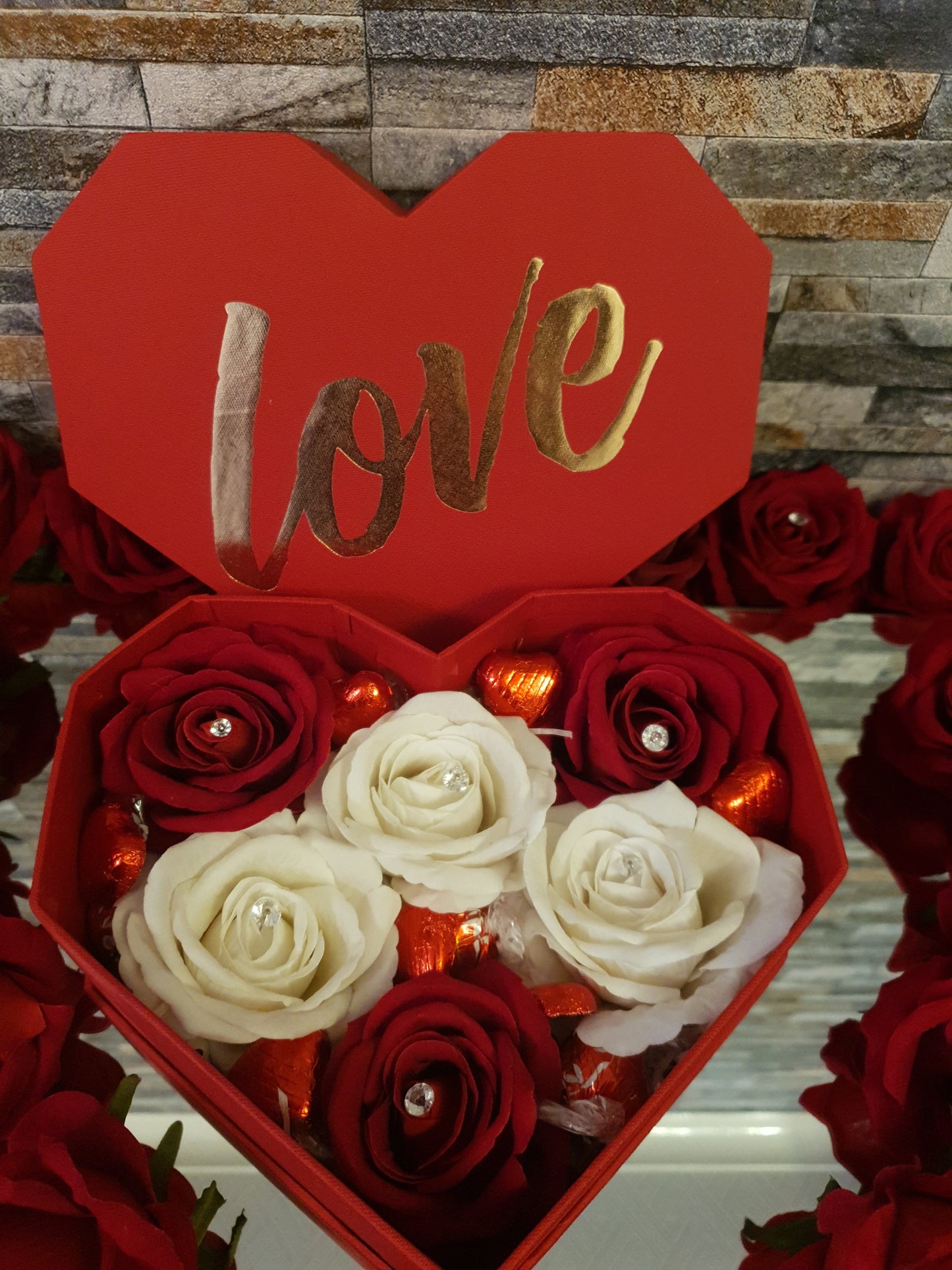 Love Heart Black Gift Box With Chocolate and Flowers