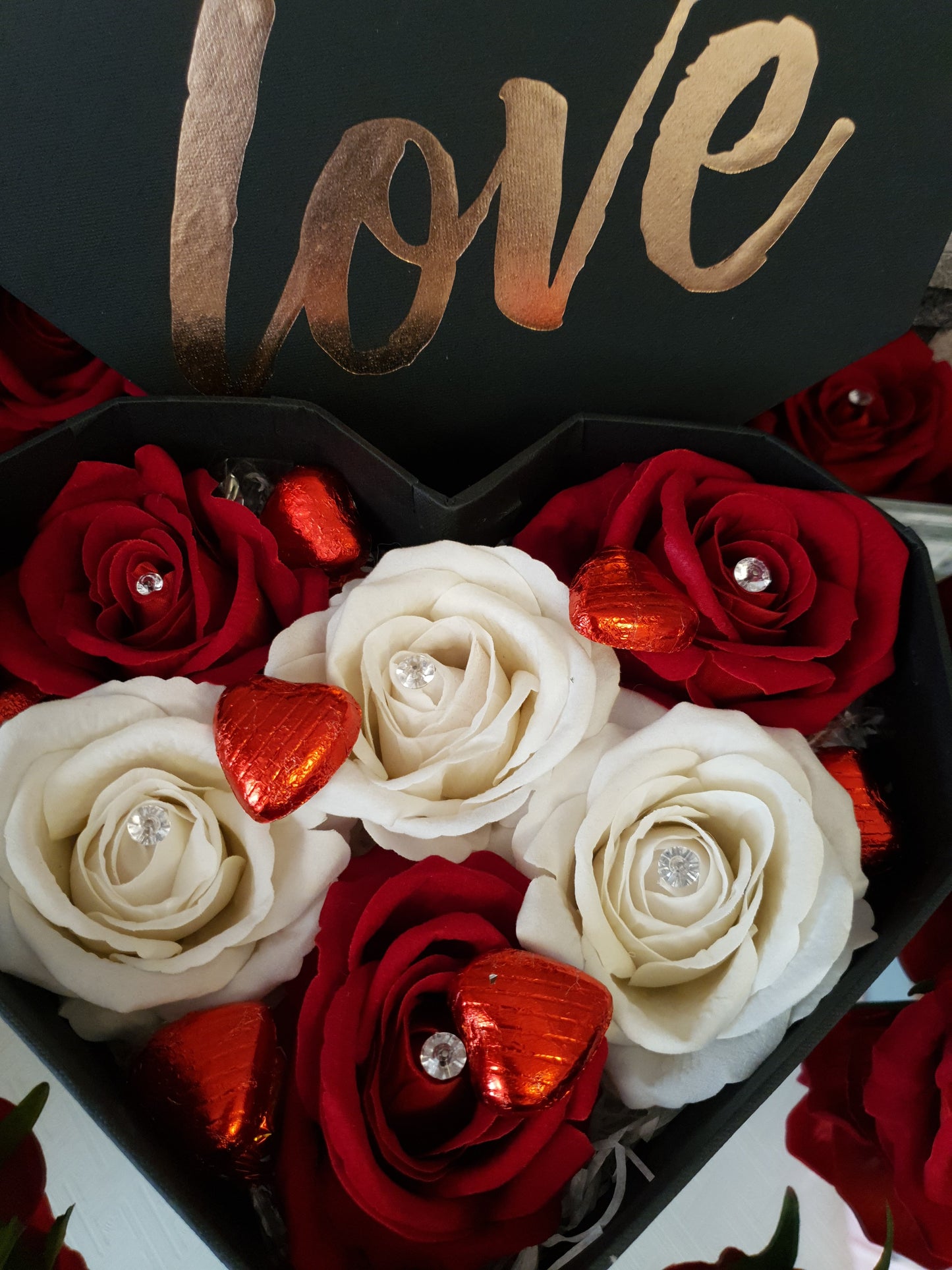 Love Heart Black Gift Box With Chocolate and Flowers