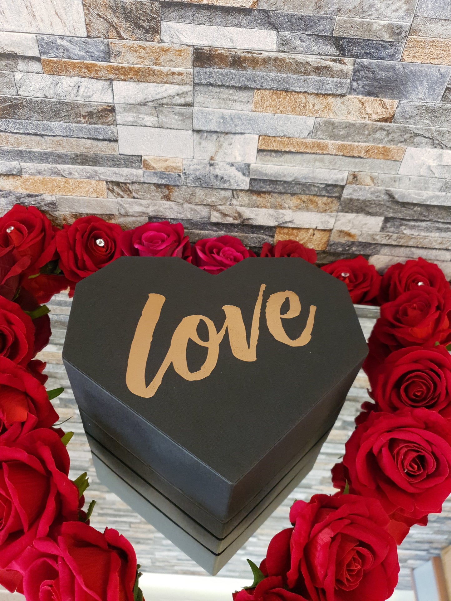 Love Heart Black Gift Box With Chocolate and Flowers