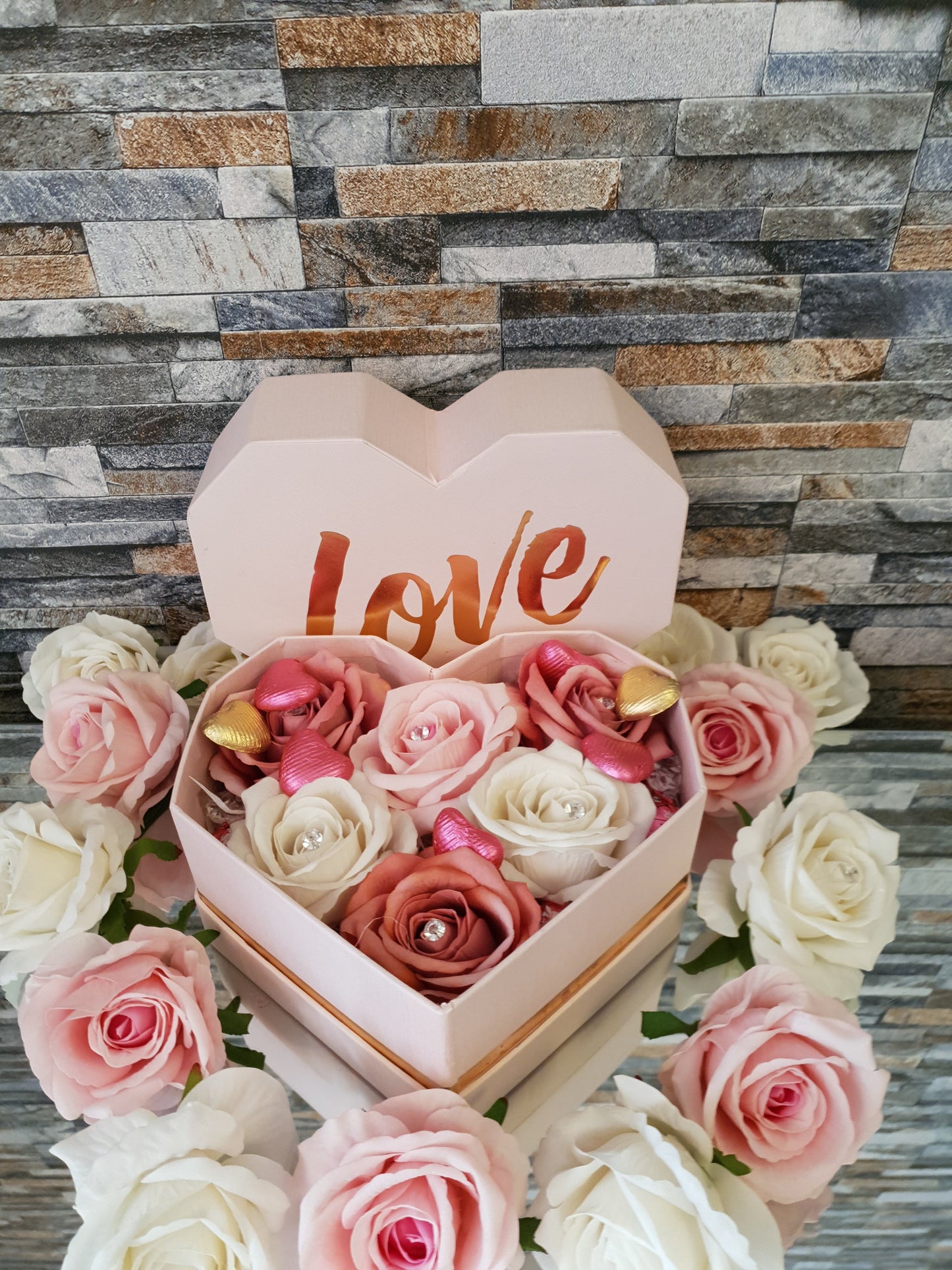 Love Heart Black Gift Box With Chocolate and Flowers