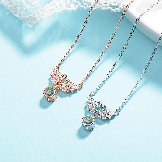 925 Sterling Silver 100 Language I Love You Projection Double Swan Necklace
