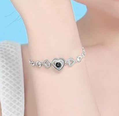925 Sterling Silver 100 Language I Love You Projection Heart Bracelet