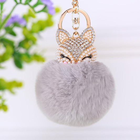 Luxury Grey Fur Ball Fox Keychain