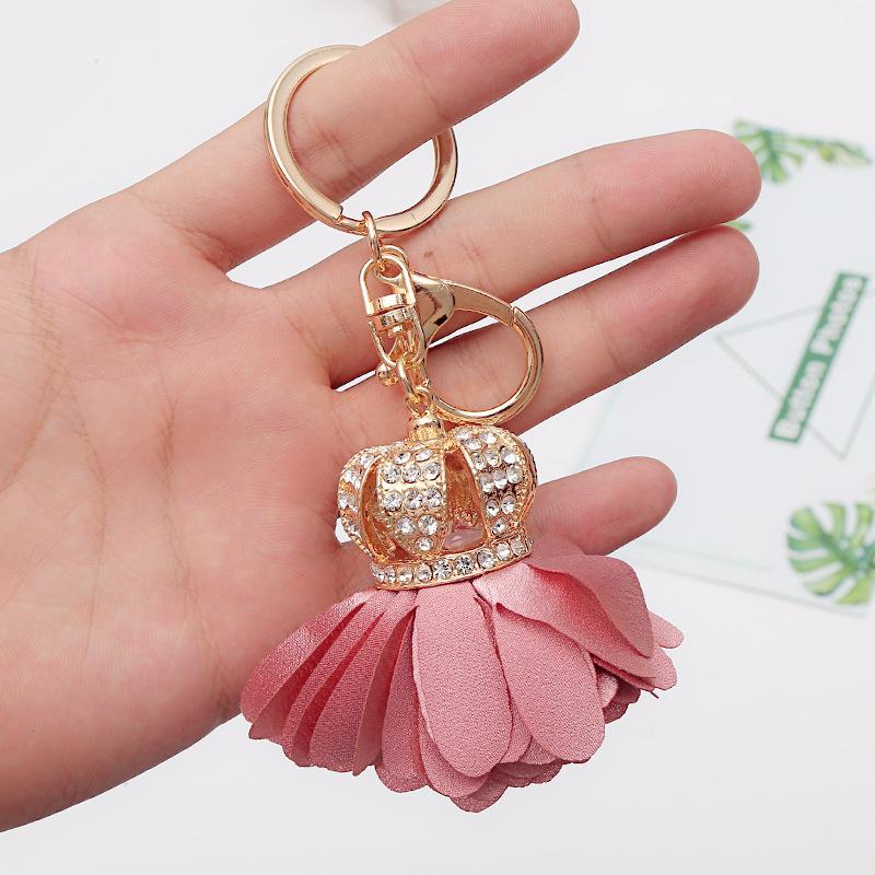 Luxury Pink Fabric Flower With Crown Keychain