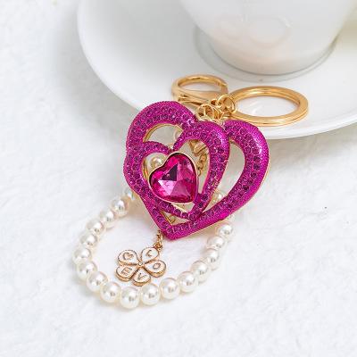 Luxury Pink Love Hearts With Pearls Keychain